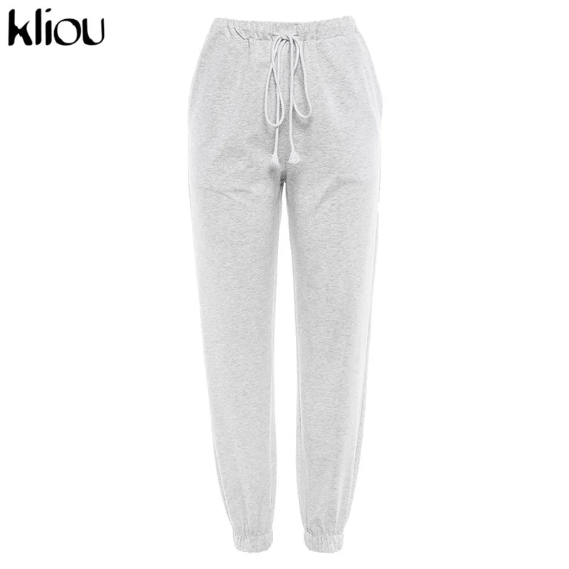Серый Kliou women's pants casual streetwear elastic waist drawstring cotton cargo pants autumn joggers pockets fashion trousers - Цвет: Серый