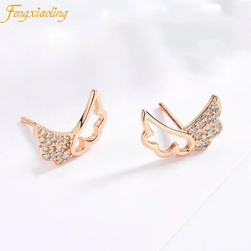 925 Sterling Silver Rose Gold Pegasus Wings Inlaid Zircon Stud Earrings For Women Party Minimalist Fine Jewelry Cute Accessories