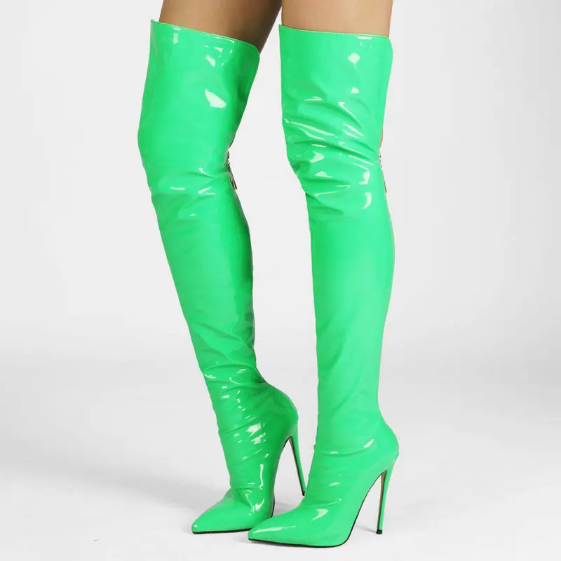 

Флуоресцентные привлекательные женские сапоги выше колена из лакированной кожи на высоком каблуке, женская модная обувь 2021, женские высокие сапоги до бедра для ночного клуба