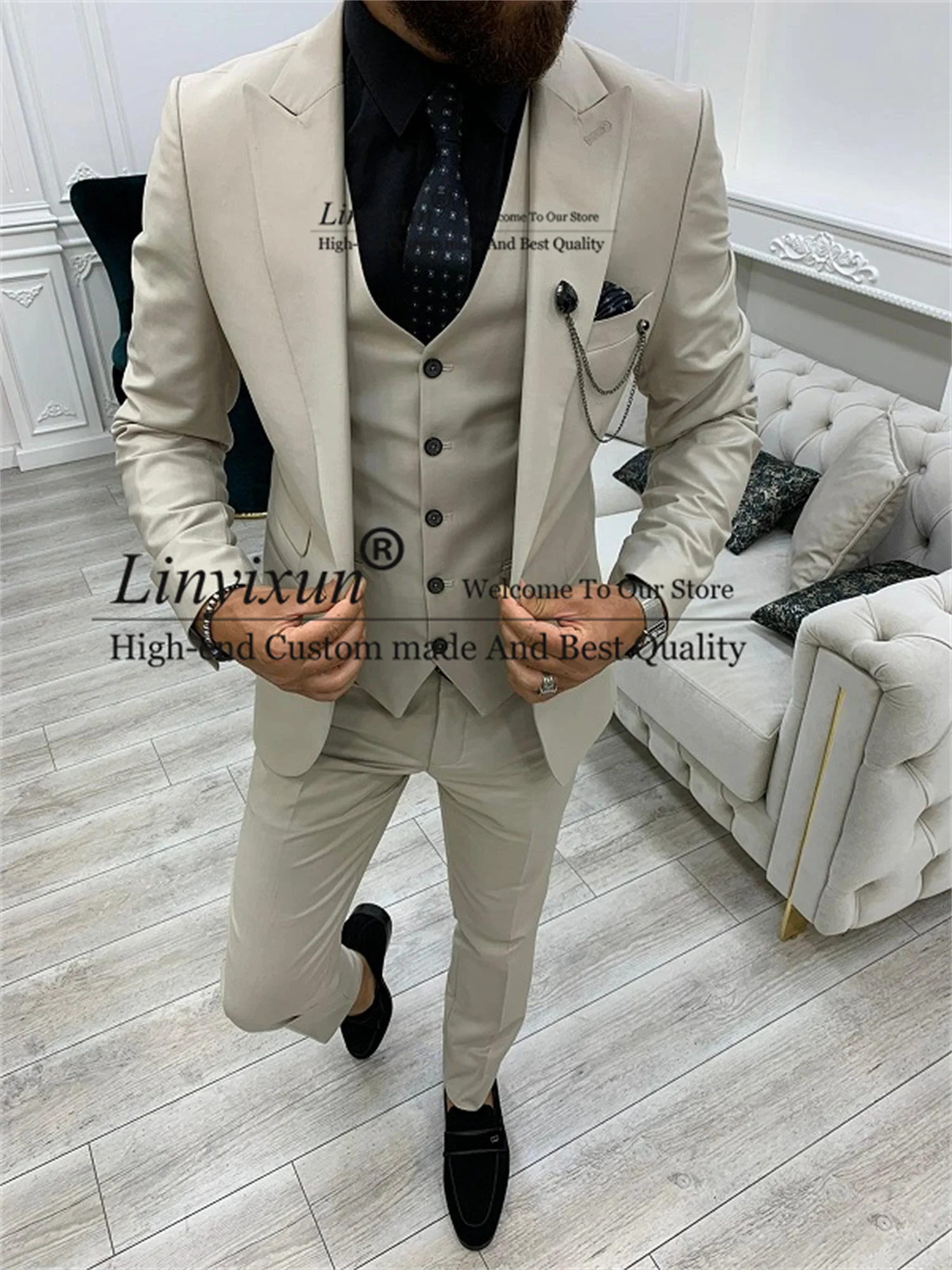 

Formal Begie Mens Suits Peaked Lapel Groom Wedding Tuxedos 3 Pieces Set Prom Traje Hombre Business Male Blazer Terno Masculino