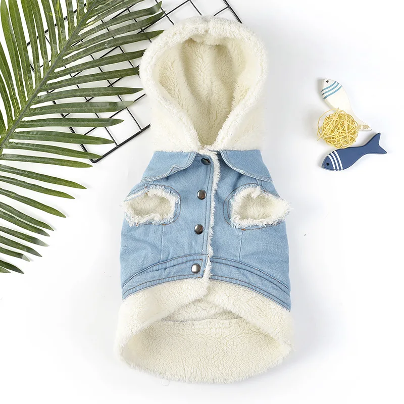 

New Pet Clothing Small Puppy Dogs Lamb Wool Hooded Denim Vest Jacket Thicken Warm Fashion Dog Clothe Winter Jacket