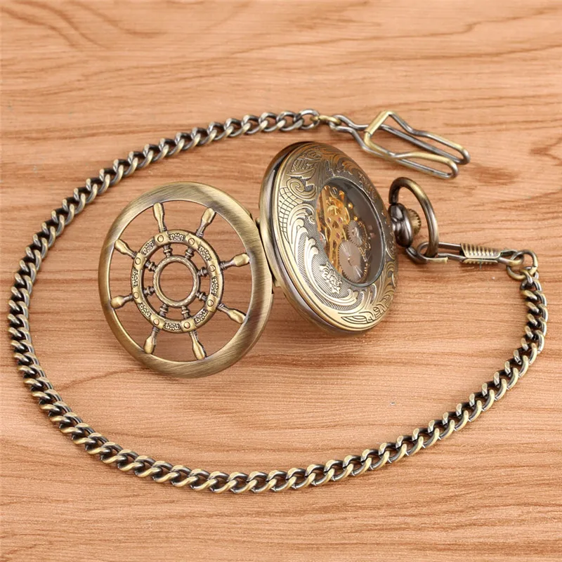Retro Pocket Watch Hollow Out Rudder Men Women Skeleton Hand Wind Mechanical Watches with Fob Pendant Chain Roman Numeral Dial