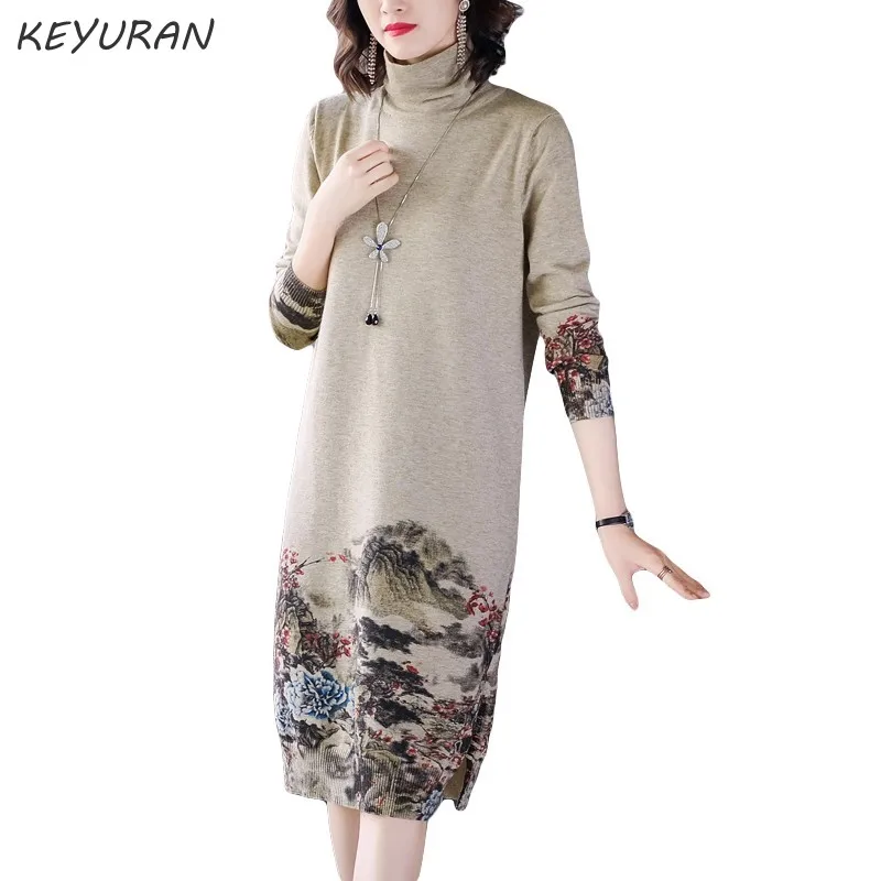 2019 осень зима новый корейский Печатный женский длинный свитер платье свободный