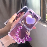 girl heart stand holder transparent case cover with cute purple love bracelet hand chain for samsung galaxy z flip 4g 3 flip3 5g