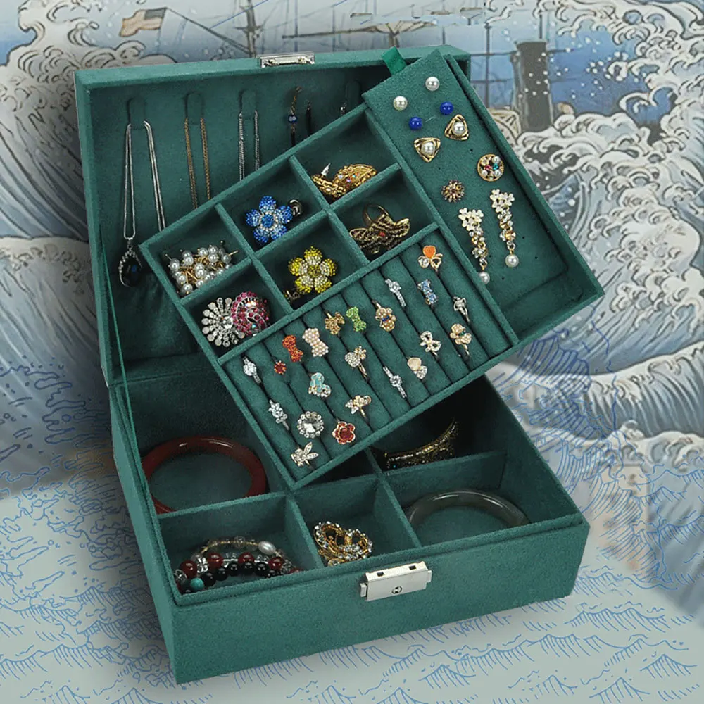 

Double-layer Velvet Jewelry Organizer Storage Box Big Space Earring Rings Necklace Bracelet Watch Display Case Gift With Lock