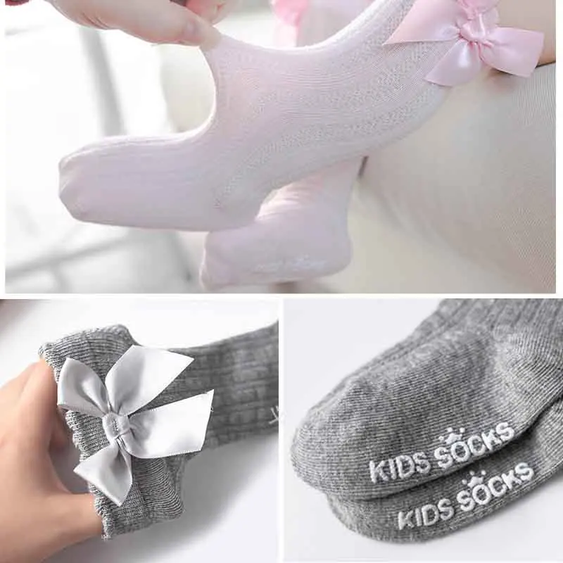 

Baby Knee Protect High Long Socks Big Bowknot Socks Soft Cotton Warm Breathable Long Tube Stockings Pure Color Non-slip