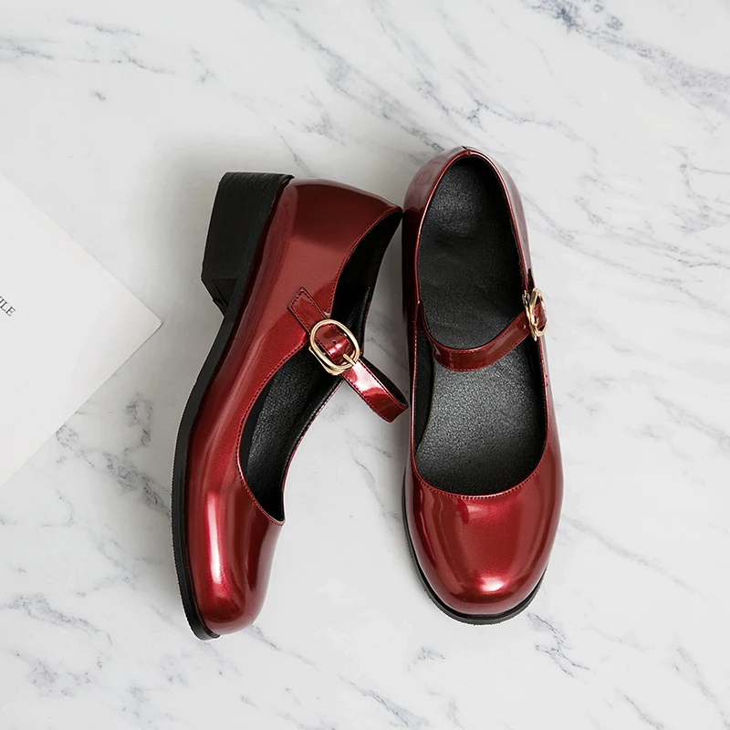 

New Women Thick High Heels Pumps Shoes Ankle Strap Ladies Shoes Spring Dress Patent Leather Party Casual Shoes