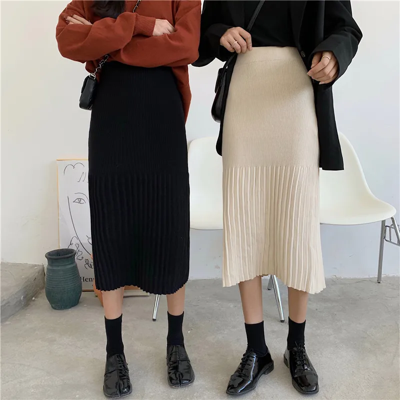 High Waist Women Skirts Irregular Striped Pleated Autumn Winter Casual Knitted Female Mid-Length 2019 | Женская одежда