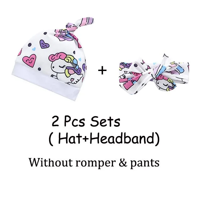 Hat and Headband Комплект модной одежды для новорожденных девочек, г., весенние топы с единорогом, боди+ штаны+ шапочка, комплекты одежды из 3 предметов для маленьких девочек - Цвет: Hat and Headband