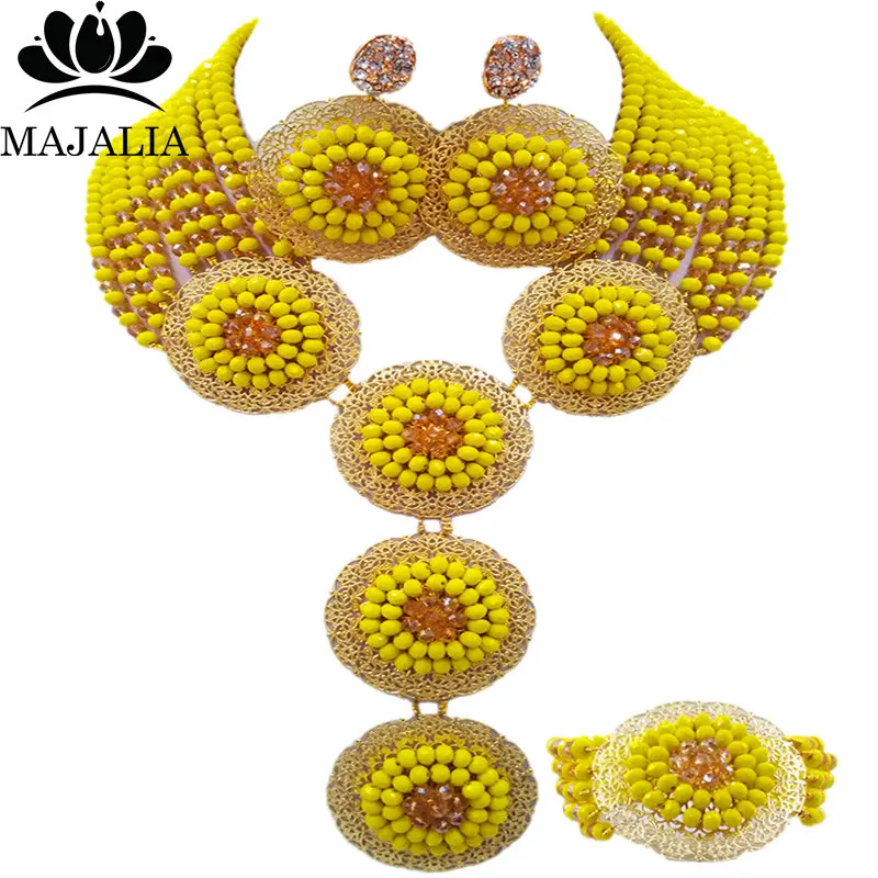 

Nigerian Ladies Newlywed High-end Opaque Yellow Crystal Jewelry African Bride Wedding Dress Jewelry Accessories Set SJ-44