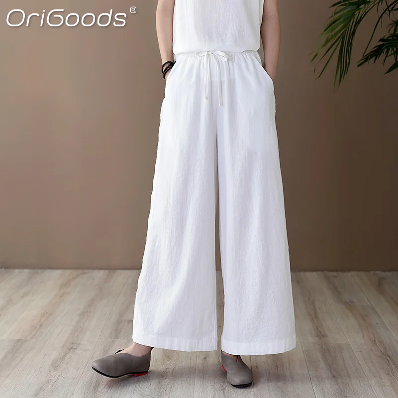 OriGoods летние брюки с широкими штанинами для женщин из хлопка и льна черный белый