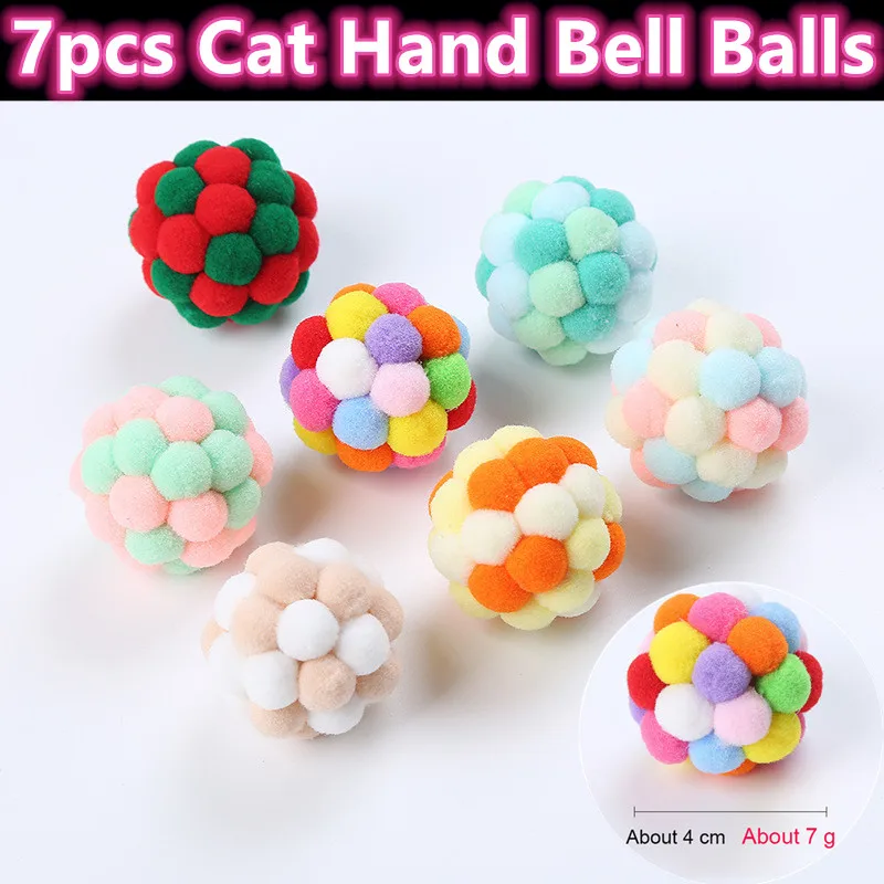 

7PCS Cat Toys Hand Bell Balls Funny Soft Kitten Cat Toys Plush Ball Pet Dog Toys Balls Interactive Assorted Colored Bell Balls
