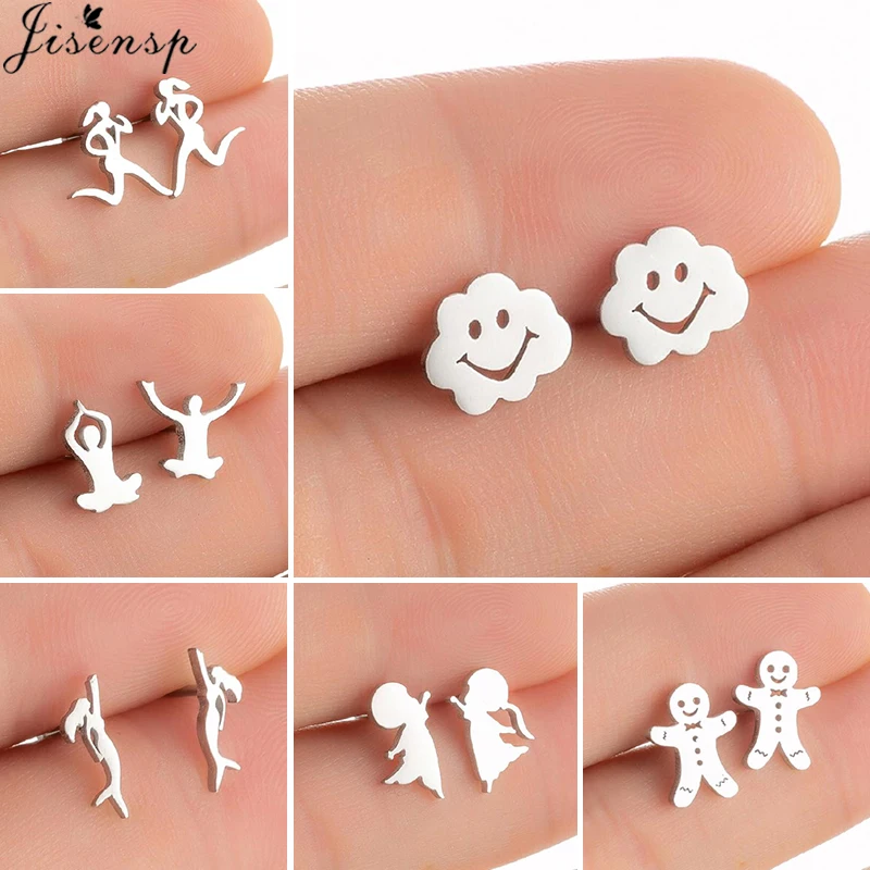 

Fashion Asymmetric Yoga Studs Earrings for Women Stainless Steel Mermaid Cloud Gingerbread Man Earing Sports Jewelry Friend Gift