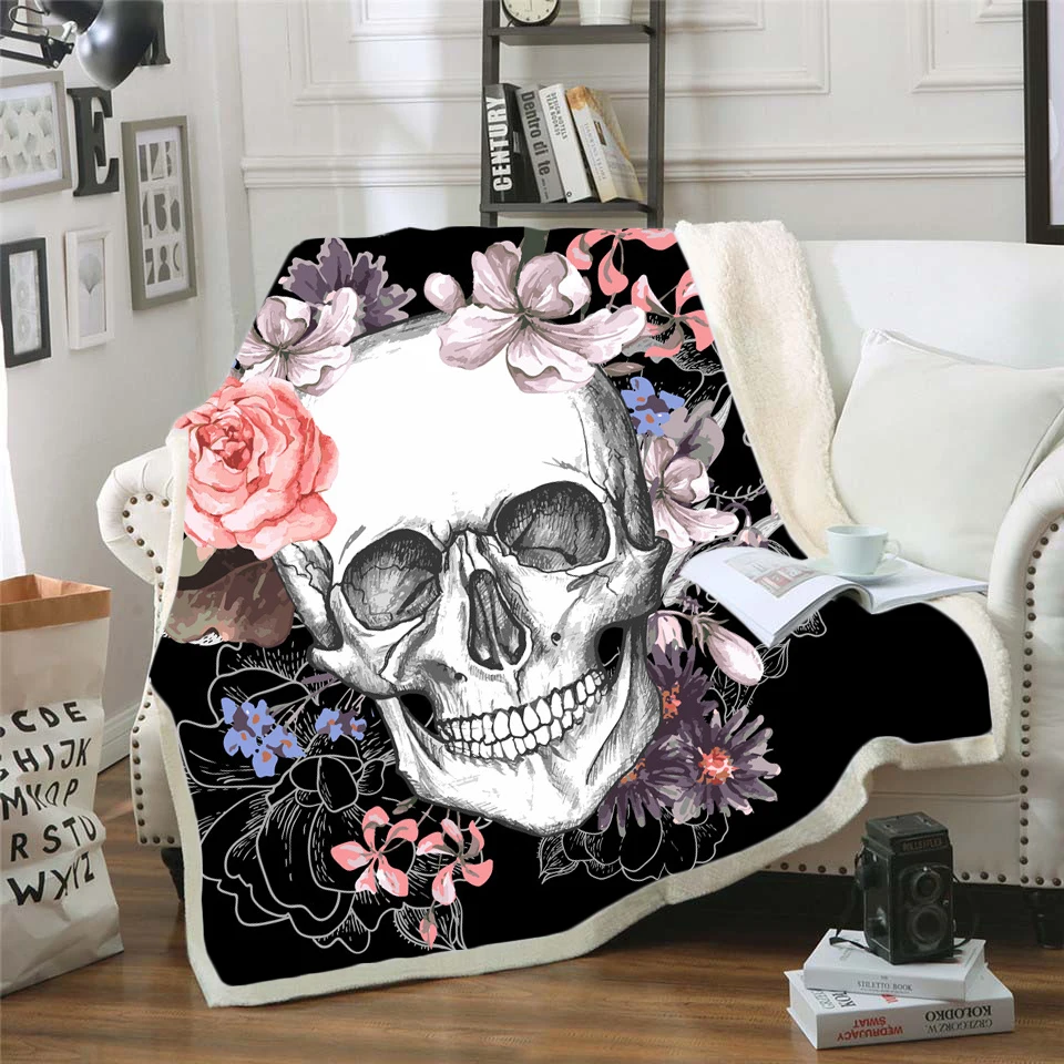 Bedding Outlet Skull Plush Blanket Sherpa Gothic Black White Mystic Bed For Boy Mantas De Cama style-008 | Дом и сад