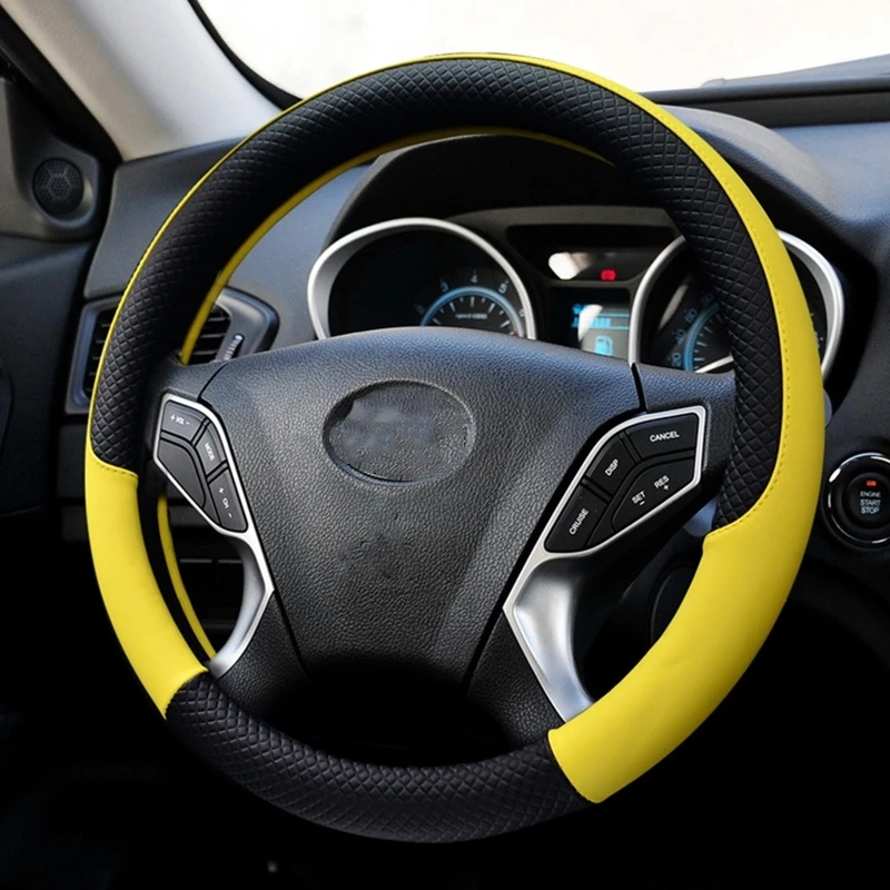 Black yellow Чехол рулевого колеса автомобиля Skidproof Авто Крышка рулевого колеса Противоскользящий Универсальный тиснение кожа автомобиль-Стайлинг - Название цвета: Black yellow