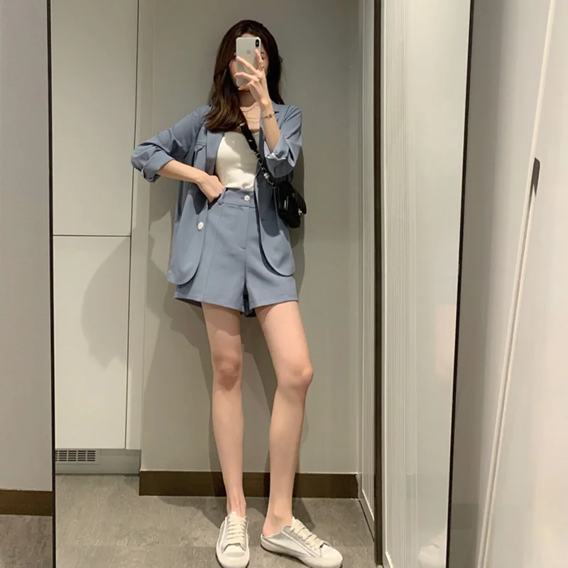 

New Women's Blazer Two Piece Suit Set Double Breasted Blazer Jacket 2020 Autumn Ladies Formal Suit