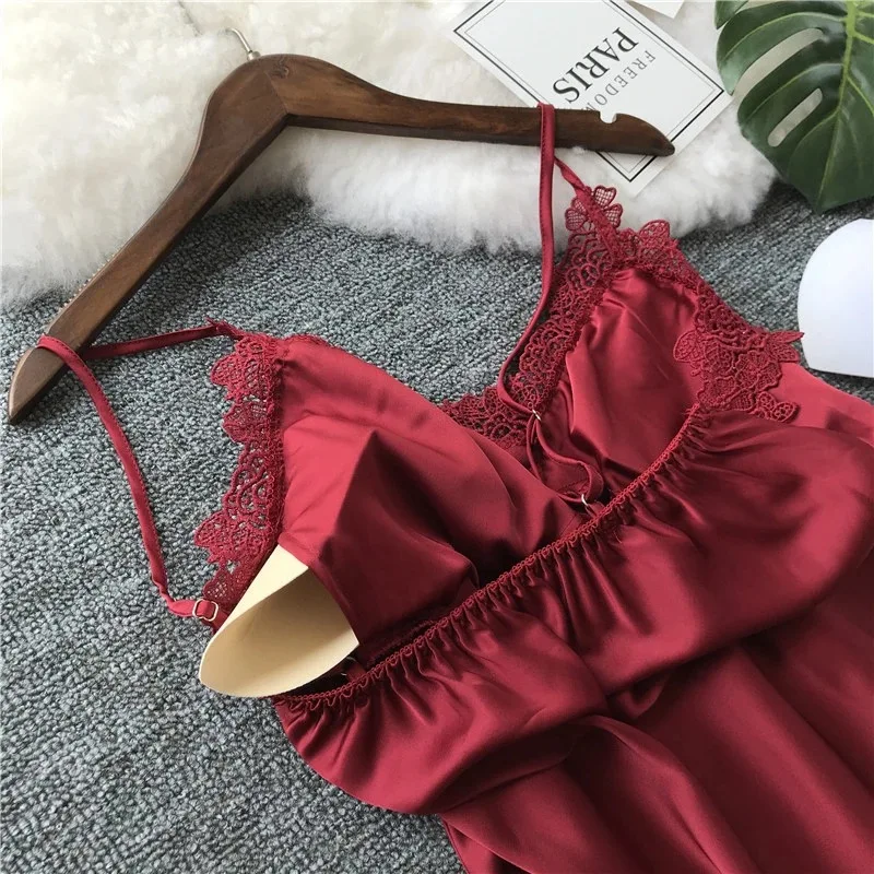 Women's Sexy Lingerie Silk Nightgown Summer Dress Lace Night Dress Sleepwear Babydoll Nightie Satin Homewear Chest Pad Nightwear