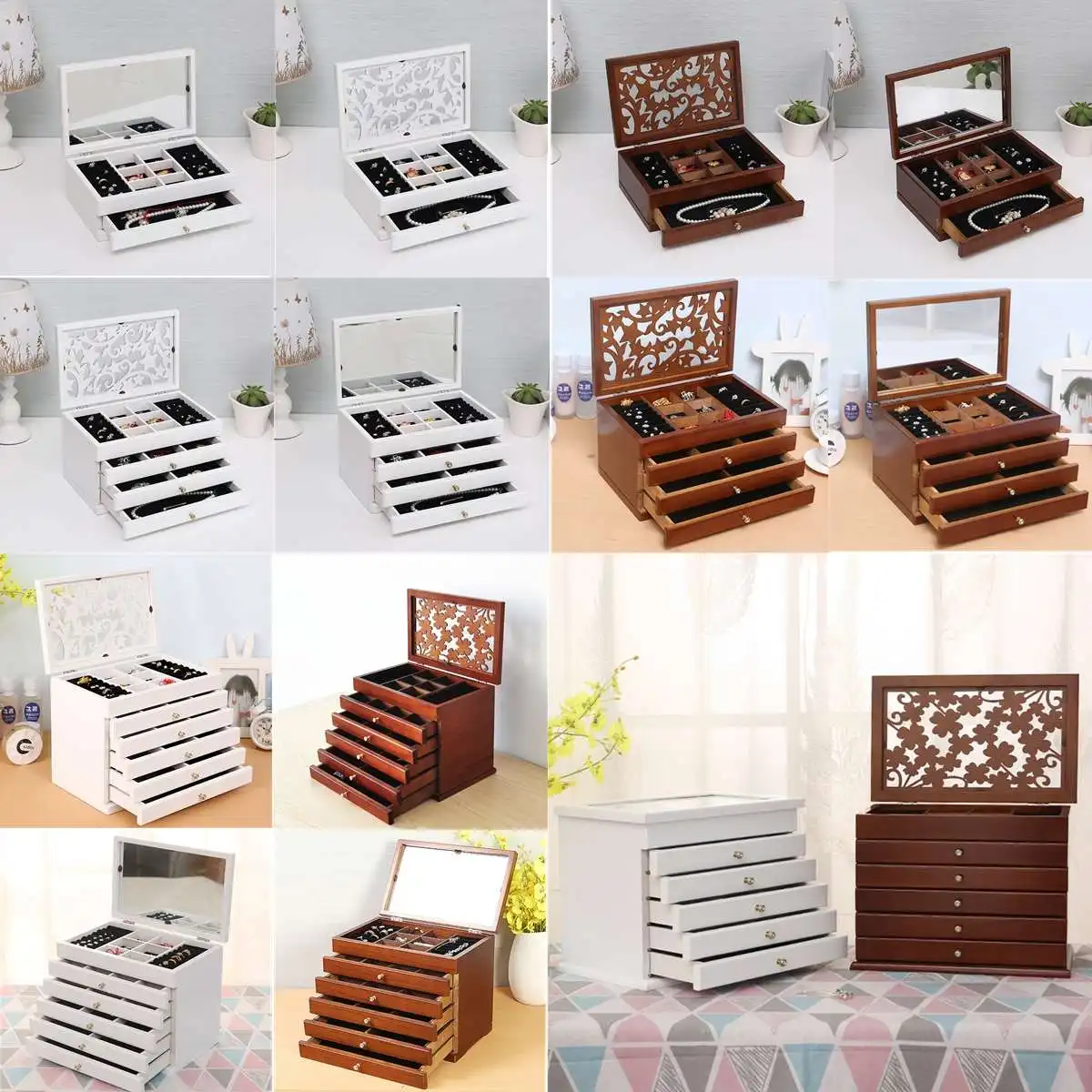 

Multi-Layer Big Wooden Jewelry Box Hollow out/With Mirror Jewelry Display Casket Earrings Ring Boxes Jewelry Organizer Gift Box