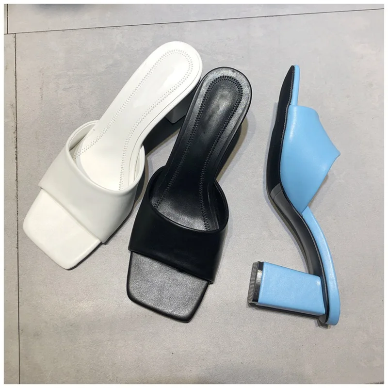 

SUOJIALUN 2021 New Brand Women Slipper Summer Outdoor Sandal Square High Heel Slip On Flip Flop Elegant Women Slides Sandal