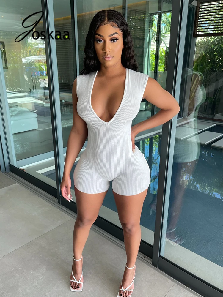 

Joskaa Ribbed White Black Playsuit For Women Summer Sleeveless V Neck Bandage Biker Strench Outfits Active Workout 2021 Clothes