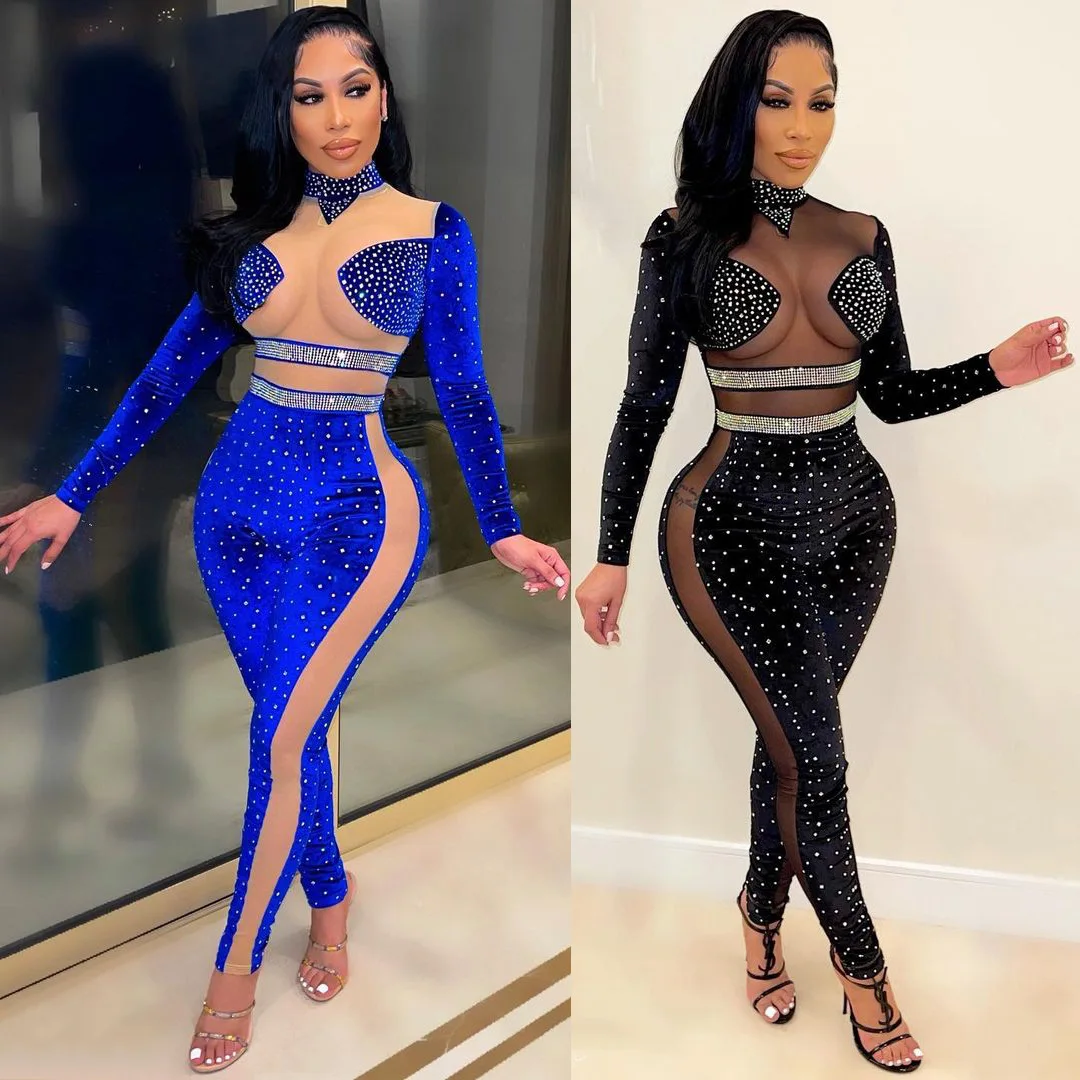 

Women's 2021 Autumn and Winter New European and American Sexy Mesh Transparent Jumpsuit Nightclub Wear Plus Size High-end Dress