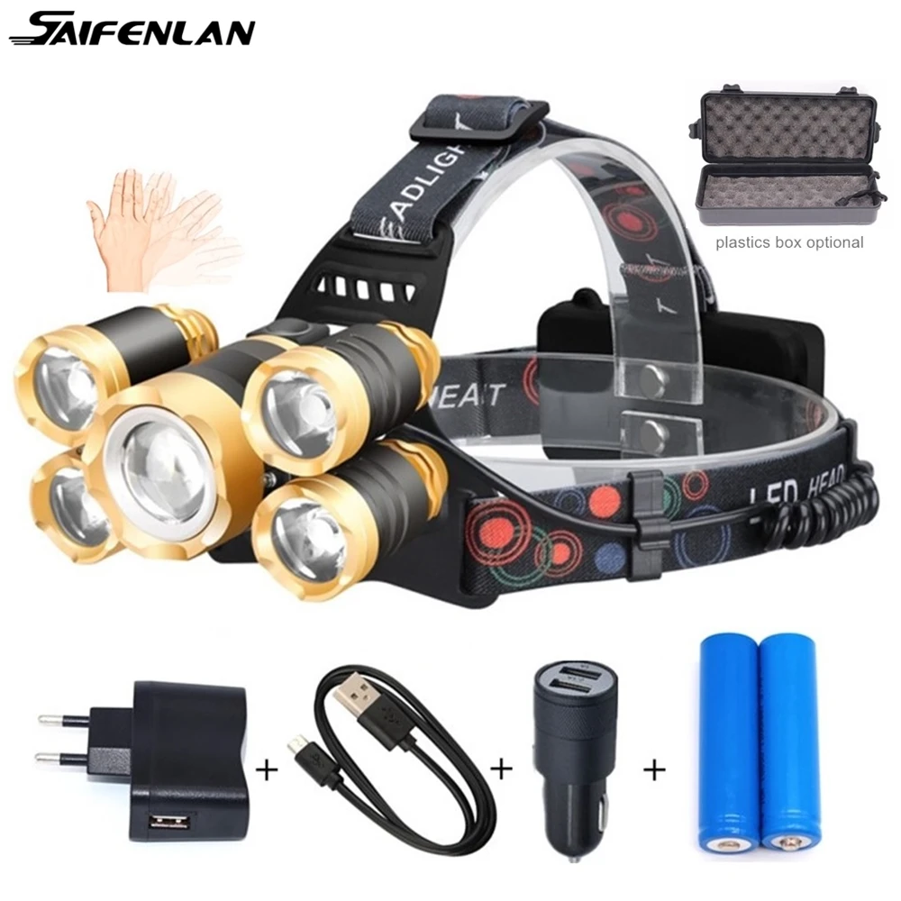 Перезаряжаемый налобный фонарь T6 светодиодный для охоты рыбалки с USB датчиком
