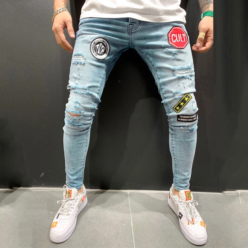 Jeans autumn new European code Men's embroidery hole torn fashion jeans men's casual Slim blue black hip hop large size | Мужская