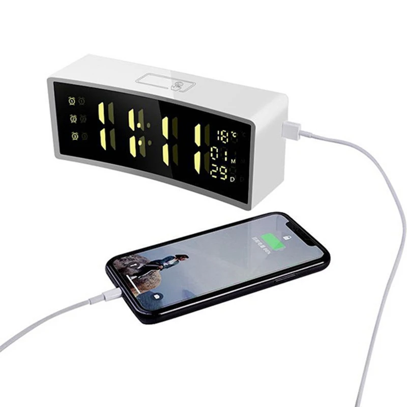 

Digital Alarm Clock LED Press Control 3D Bedside Desk Clocks with Mirror Snooze Temperature Display USB Charg Port