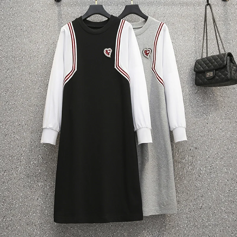 

5XL plus size women casual Patchwork Diamond dress autumn winter 2021 long sleeve o neck loose Fake two dresses vestido