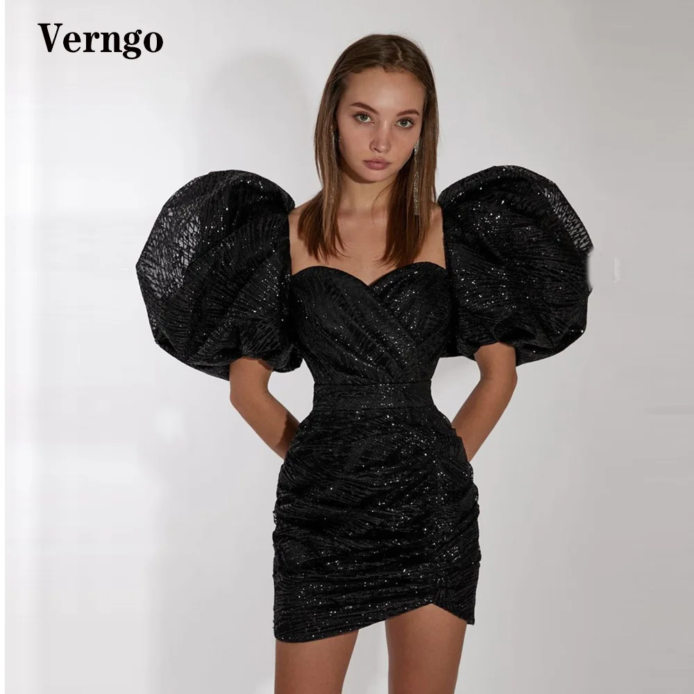 Verngo Glitter Black Puff Short Sleeves Prom Dresses 2021 Sweetheart Mini Fashion Cocktail Party Dress Lady Outfit