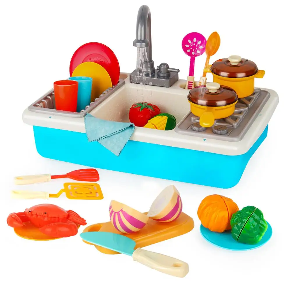 

D-FantiX Kitchen Sink Toys, Kids Play Sink with Running Water Electric Faucet Dishwasher Pretend Kitchen Accessories for Kids