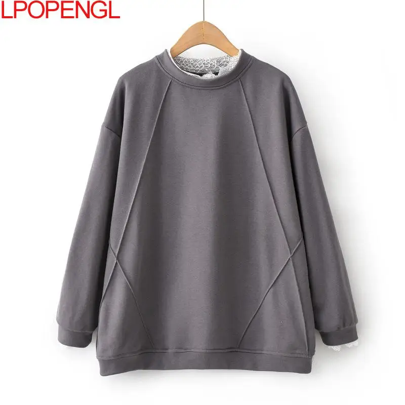 

Plus Size Women's Sweatshirt Autumn Winter New Korean Fashion Loose Pullover Lace Long-sleeved Lace Collar Tops