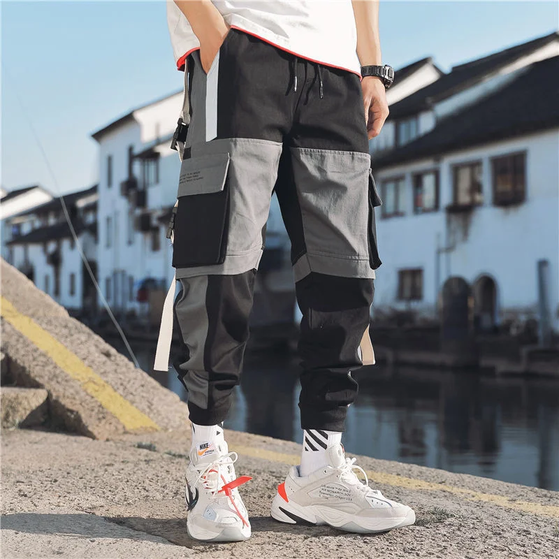 

Black Gentlemen Cargo Broek Effen Color Losse Casual Jogger Pocket Elastic waist Single length Broek Techwear