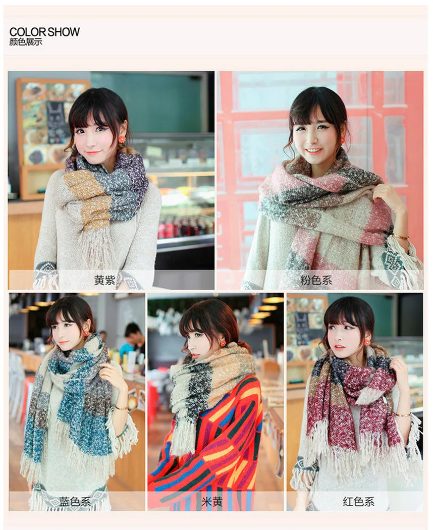 Женский зимний теплый шарф вязаный шерстяной кашемировый в клетку с кисточками 5