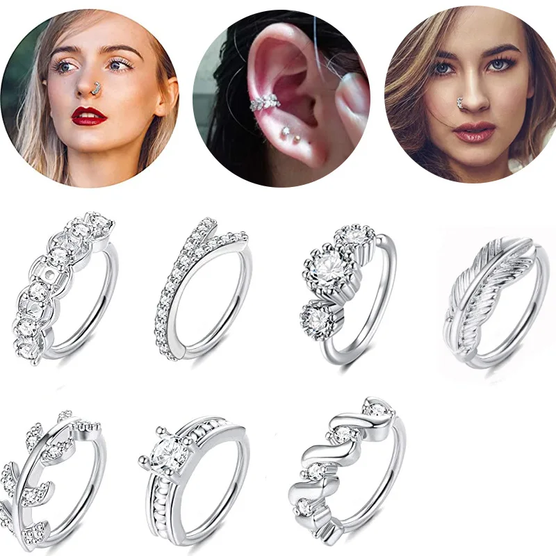 

1PC Stainless Steel Fake Piercing Nose Ring Leaf Feather CZ Crystals Clip On Nose Ear Clip Cuff Earring For Women Body Jewelry