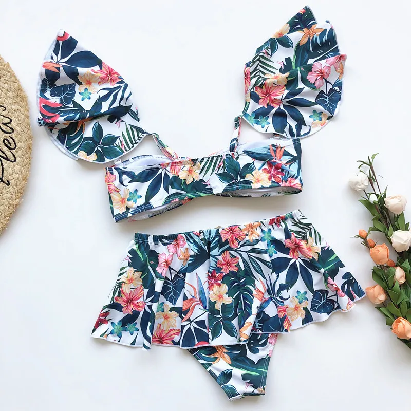 Бразильское бикини с открытыми плечами и юбкой купальники рюшами рукавами