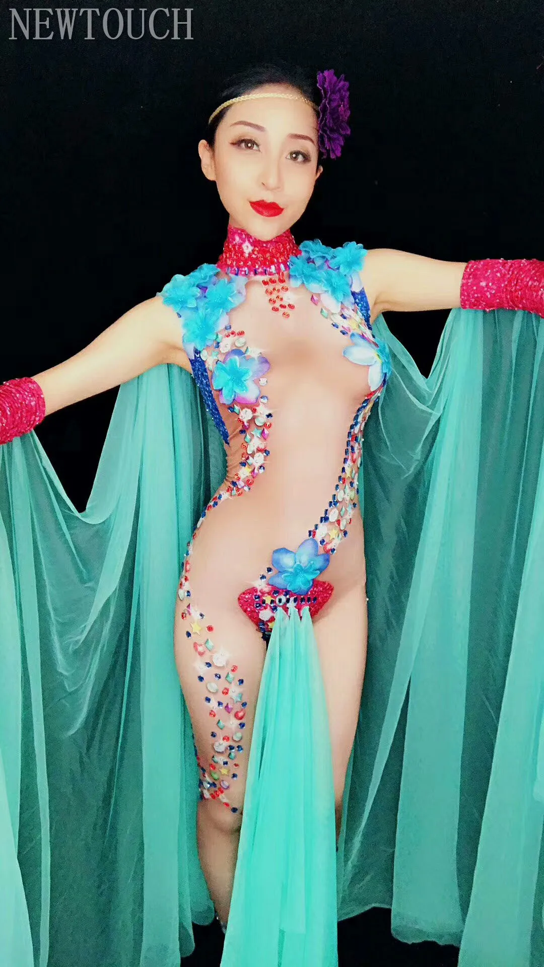 

Fashion Design Rhinestone Flowers See Through Jumpsuit 3D Pattern Stretch Birthday Party Dress Women Singer Performance Costume