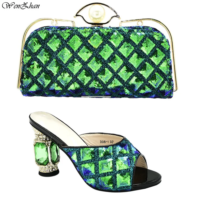 Зеленые туфли женские с сумочкой в комплекте новейшие африканские блестки