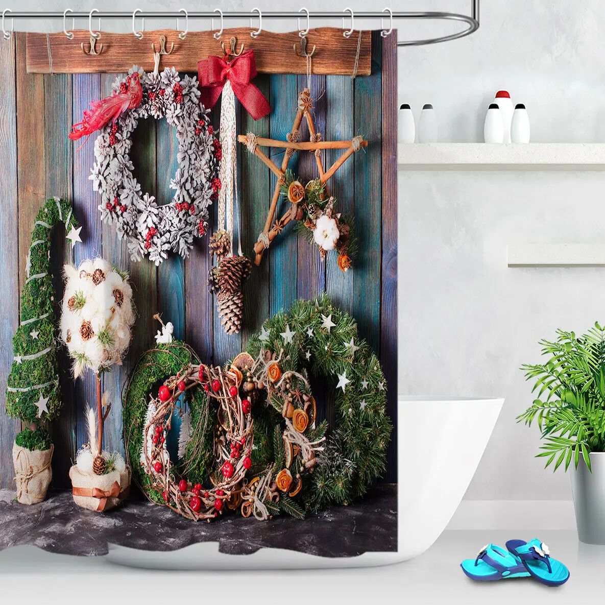 

Fabric Shower Curtain Set Christmas Wreath Handmade Wood Star Bathroom Decor