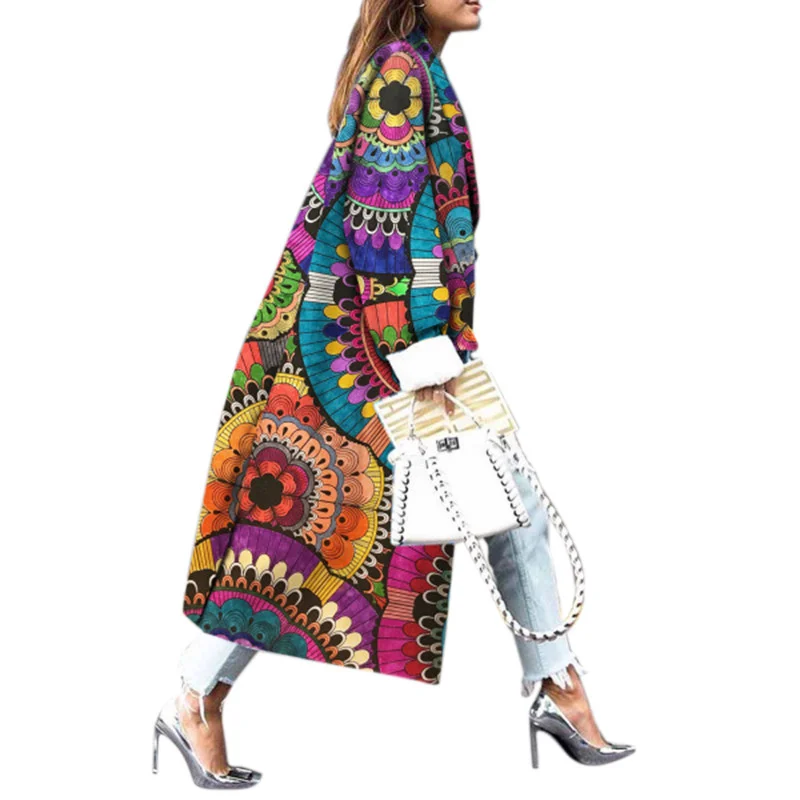 

Long Coats Women Print Pattern Spring Turn-down Collar Single Breasted Slim Office Lady Casual Fashion Womens Coat