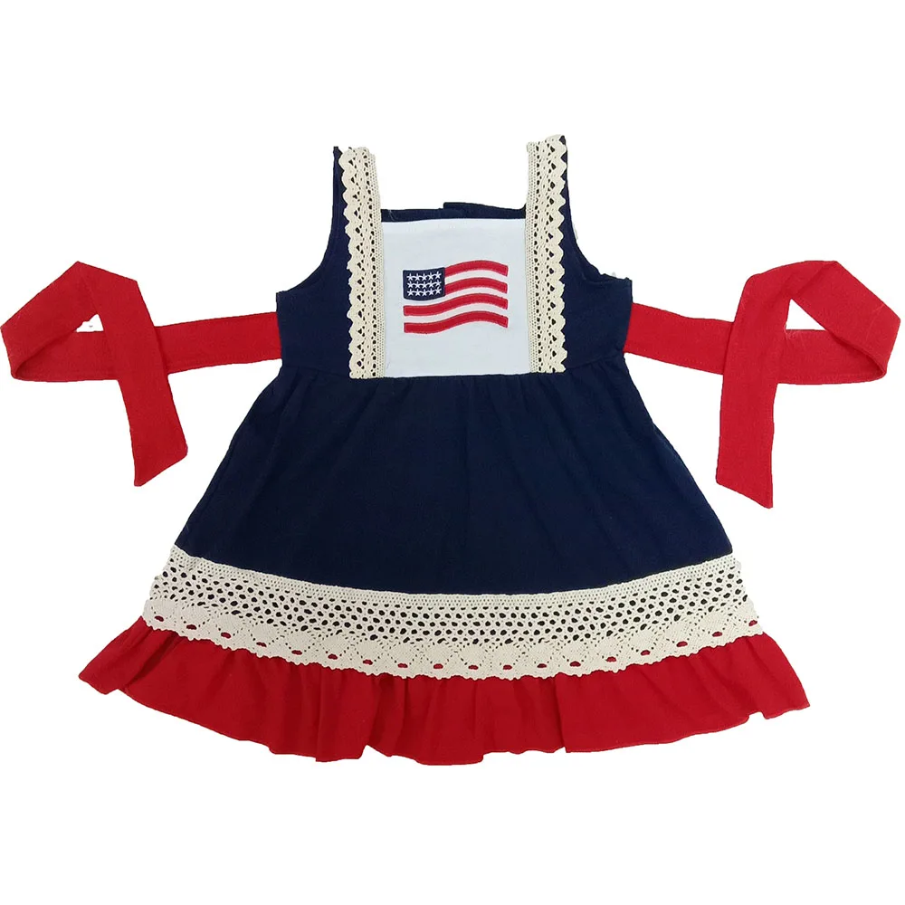 

2020 July 4th style baby girls children summer boutique embroidery flag print lace red waves dress kids design frock clothing