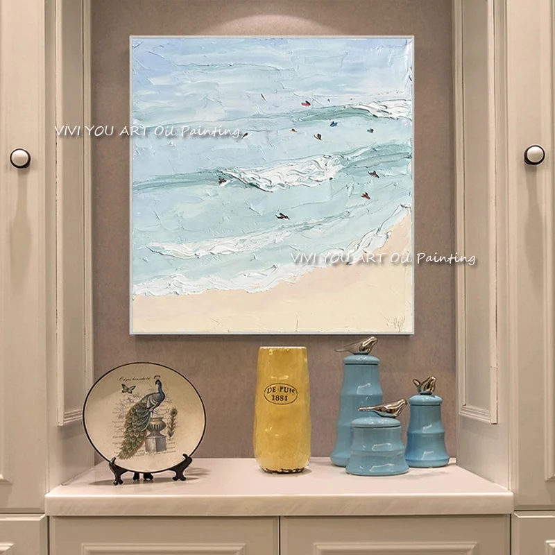 

100% Handmade Oil painting Blue Sea Beach Landscape Handmade Canvas Painting Wall Art Picture for Living Room Cuadros Decor