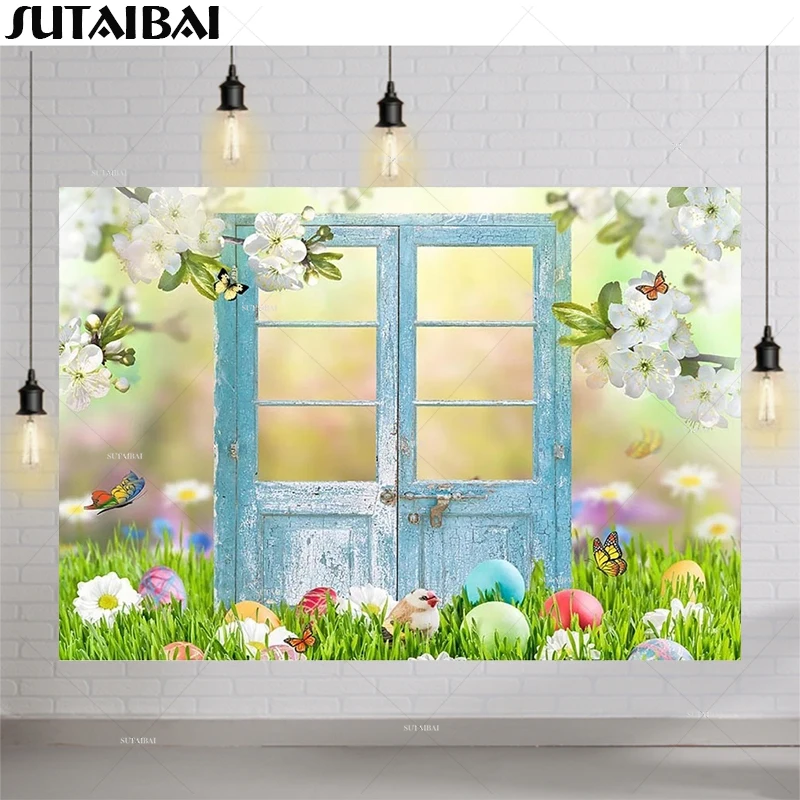 

Фон для фотосъемки с пасхальными изображениями весенних яиц цветов травы бабочек деревенских деревянных дверей портретный фон для вечерин...