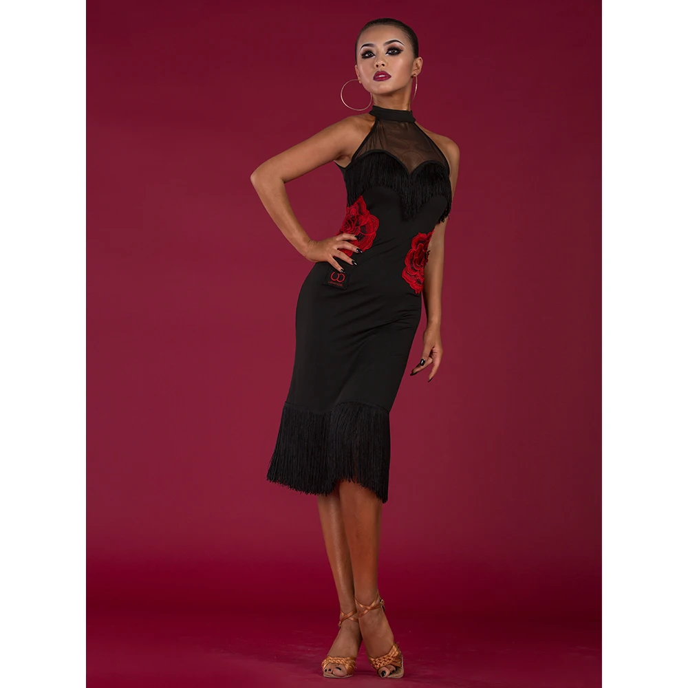 

Latin clothing female adult new dance dress practice skirt embroidery backless tassel dress UA62