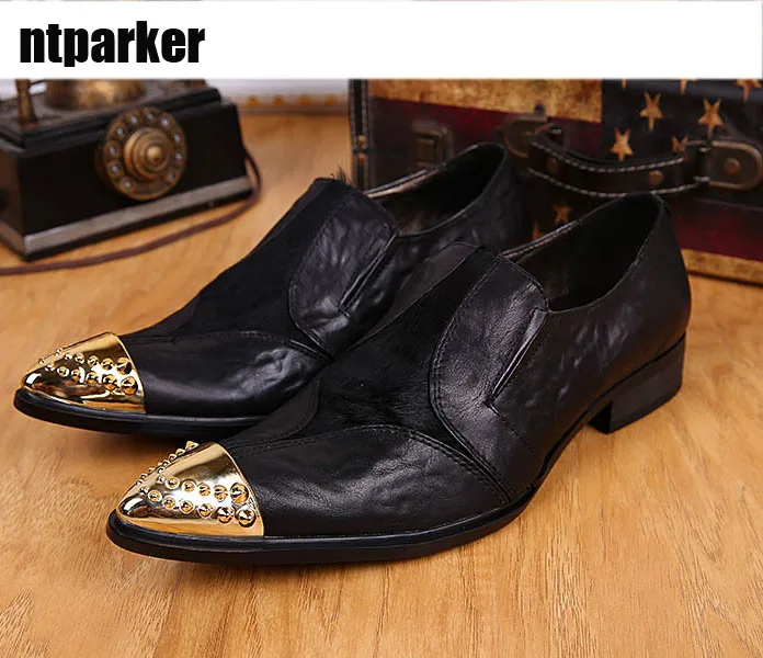 

ntparker Arrival Super Cool Man Leather Shoes Business Casual Genuine Cow Leather for Man's Footwear Black Pointed Metel Toes!