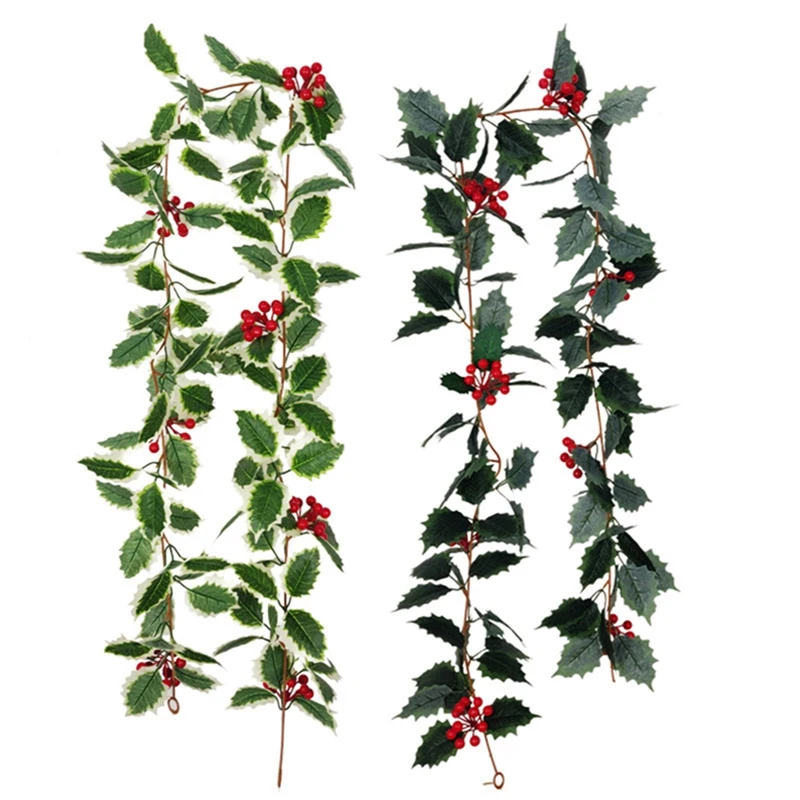 

1.75m Christmas Artificial Holly Leaf Vine Rattan Berry Flower DIY Garland Wreath Home Hanging Ornament for Party Xmas Decor