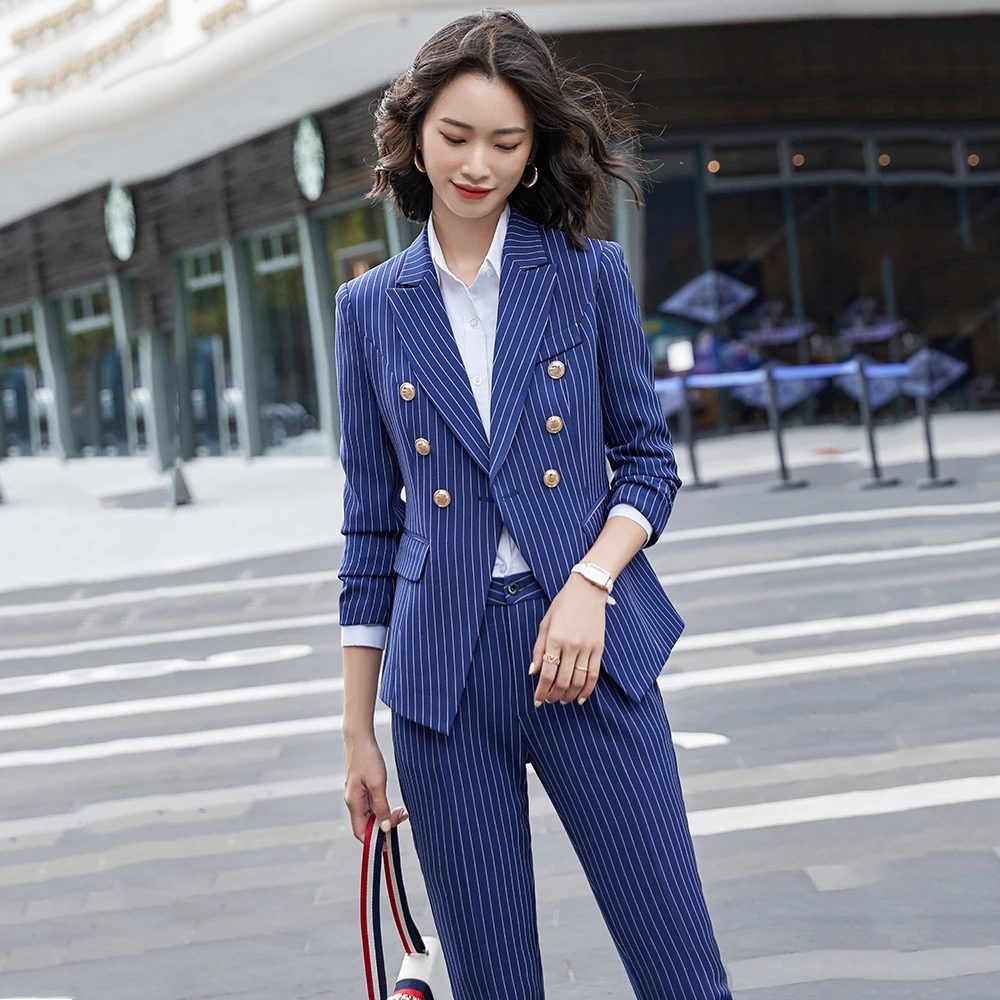 

Pant Suit Women Fashion Two Piece Set Red White Black Slim Button Decoration Blazer Coat Jacket With Trouser For Office Lady