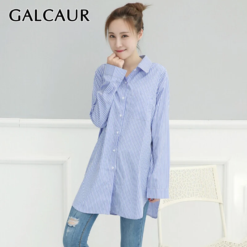 

Голубые элегантные рубашки GALCAUR для женщин, повседневные блузки с отложным воротником и длинным рукавом, в полоску, женская осенняя одежда ...