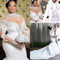 plus size african mermaid wedding dresses african arabic high neck long sleeve lace beadings court train luxury bridal gowns
