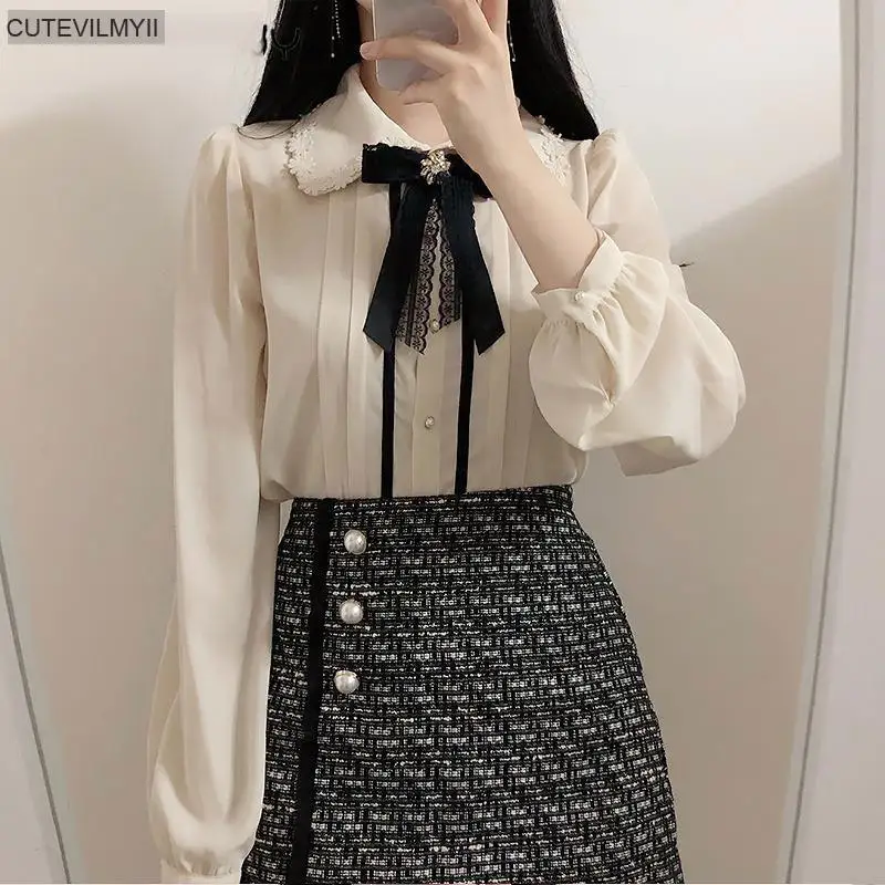 

Pink White 2021 Spring Women's Cute Tops Preppy Style Vintage Japaneses Korea Design Button Elegant Formal Shirts Blouses